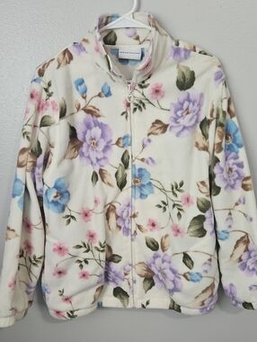 Alfred Dunner Cream Floral Fleece Zip-Front Jacket with Pastel Blooms